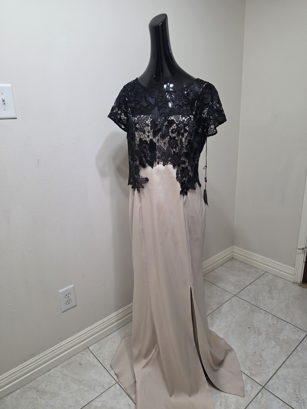 Adrianna Papell Black Lace Top Blush Maxi Gown